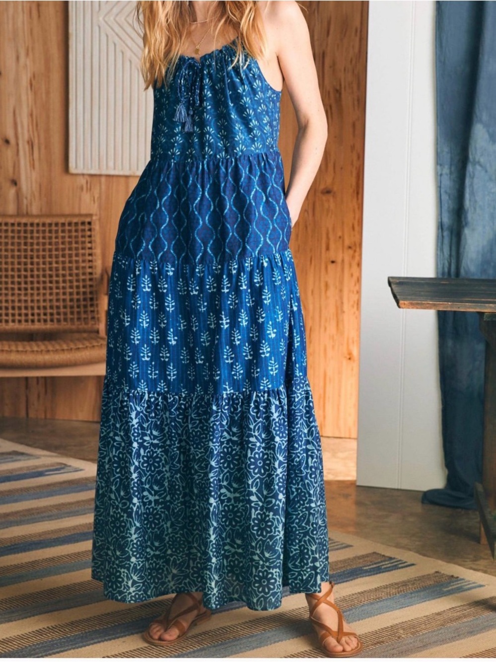 Faherty Indigo Blue Sun Chaser Maxi Dress with Mixed Prints